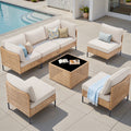 2026 NewPPorfamilia Outdoor Modular Sectional Furniture Set, 7 Piece Natural PE Rattan Sofa Set with 2 Corner Chairs, 4 Middle Chairs, Side Table