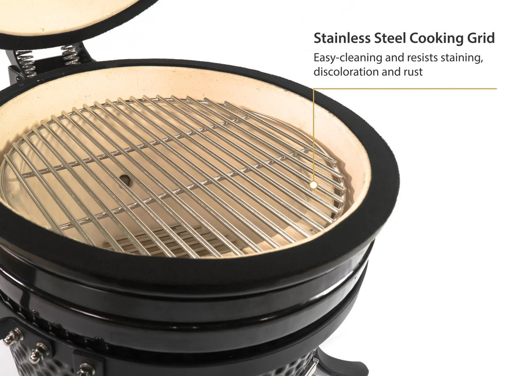 2026 NewVESSILS 9.8-inch W Kamado Charcoal BBQ Grill – Heavy Duty Ceramic Barbecue Smoker and Roaster with Built-in Thermometer and Stainless Steel Grate (13 Inch Stand, Black)