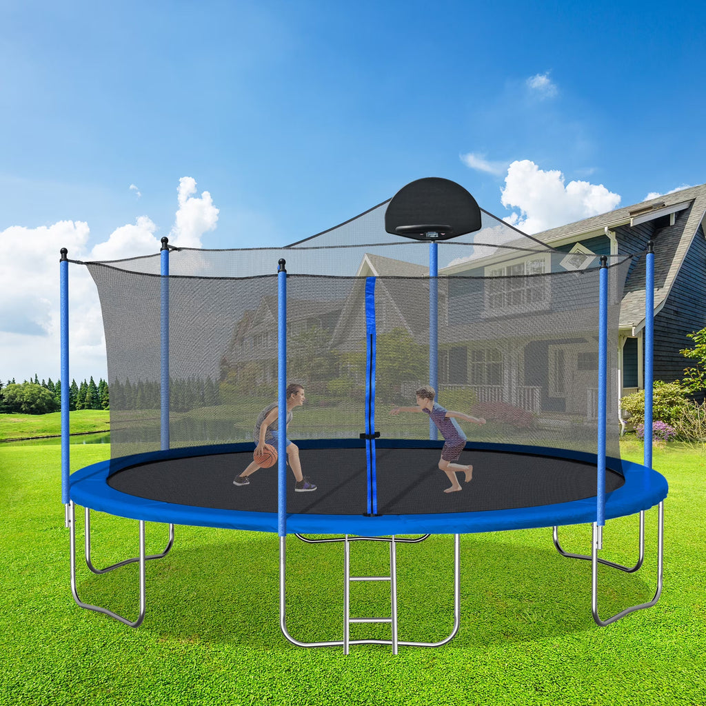 2026 New14FT Outdoor Trampoline with Safety Enclosure, Steel Tube Frame, Ladder & Secure Net - Heavy Duty, Blue