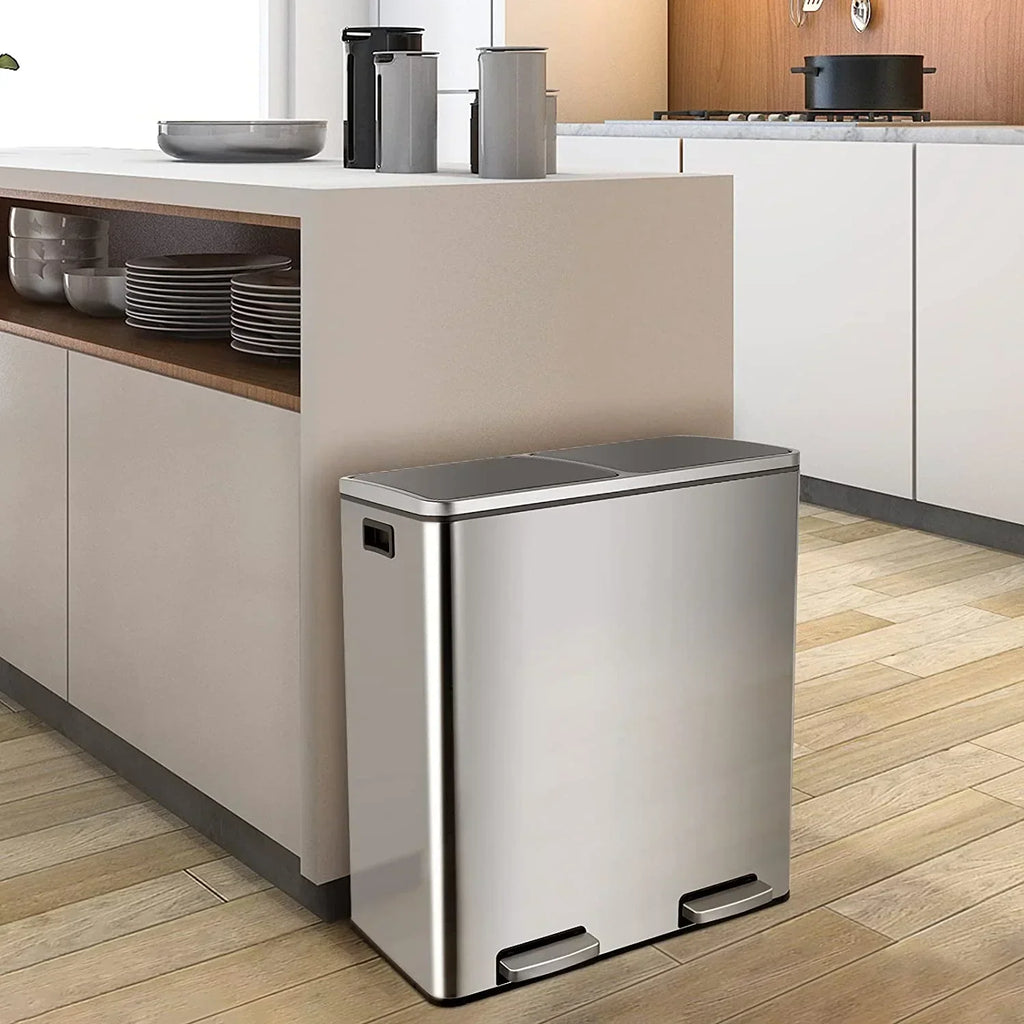 2026 NewArlopu 60 L/16 gal Dual Trash Can, Stainless Steel Garbage Can for Kitchen, Recycle Bin with Lid