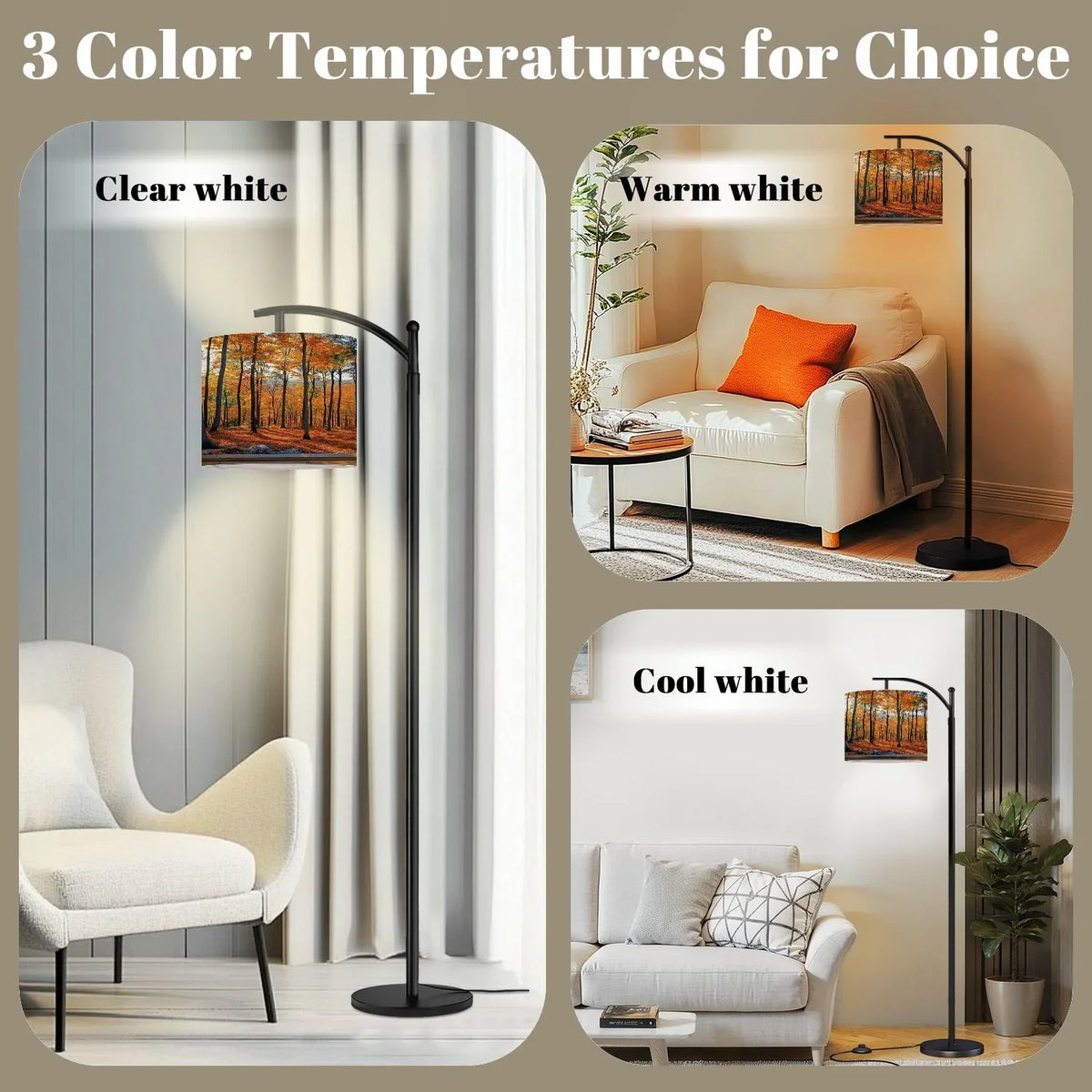 2026 New Arc Floor Lamp, 3 Color Temperatures Modern Floor Lamps Fall Autumn Maple Tree Forest Adjustable Tall Standing Reading Lamp with Linen Texture Shade