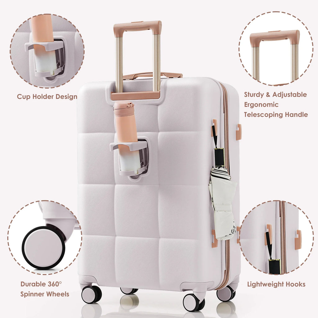 2026 New Luggage Set of 3, 20-inch with USB Port, Airline Certified Carry-on Luggage with Cup Holder, ABS Hard Shell Luggage with Spinner Wheels, white
