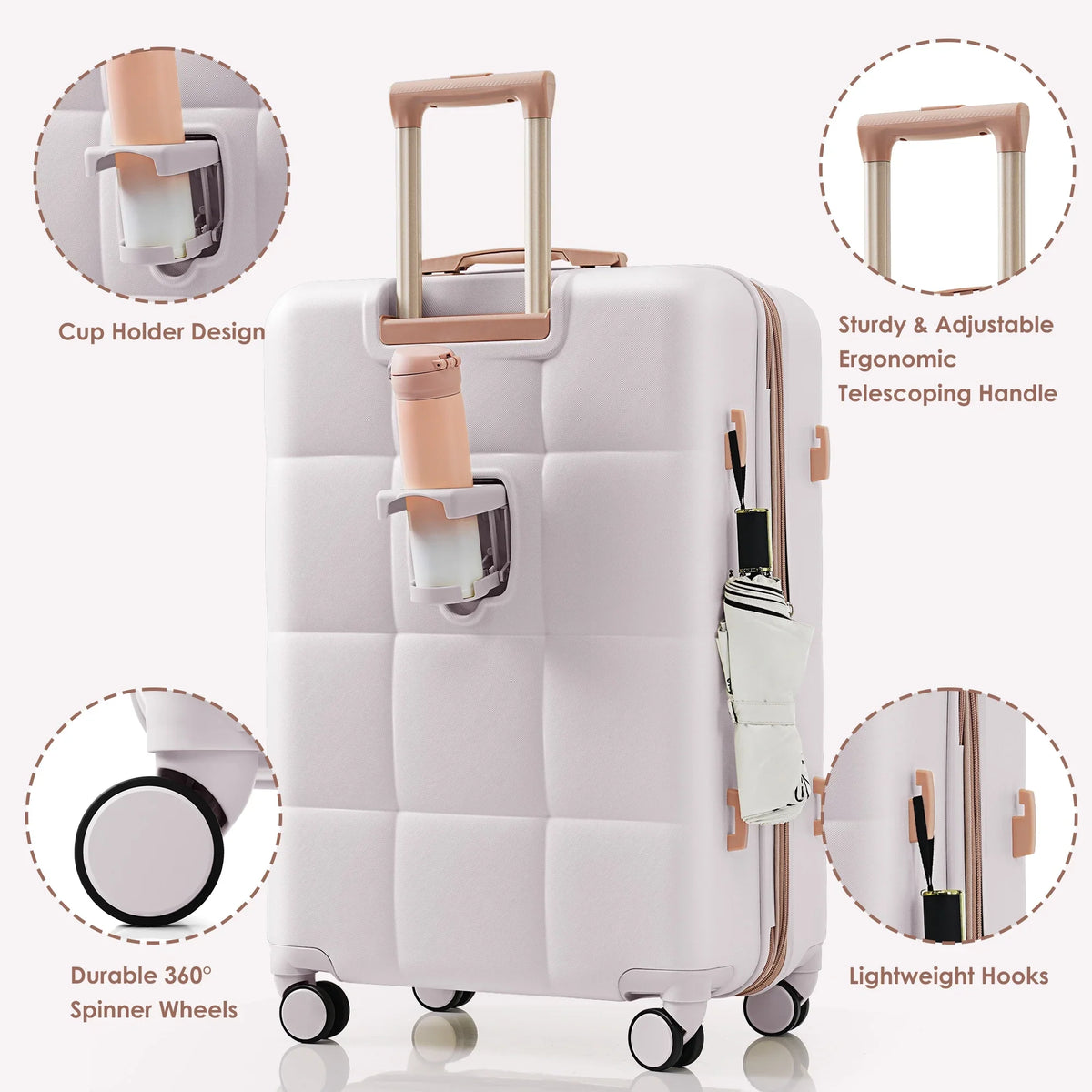 2026 New Luggage Set of 3, 20-inch with USB Port, Airline Certified Carry-on Luggage with Cup Holder, ABS Hard Shell Luggage with Spinner Wheels, white
