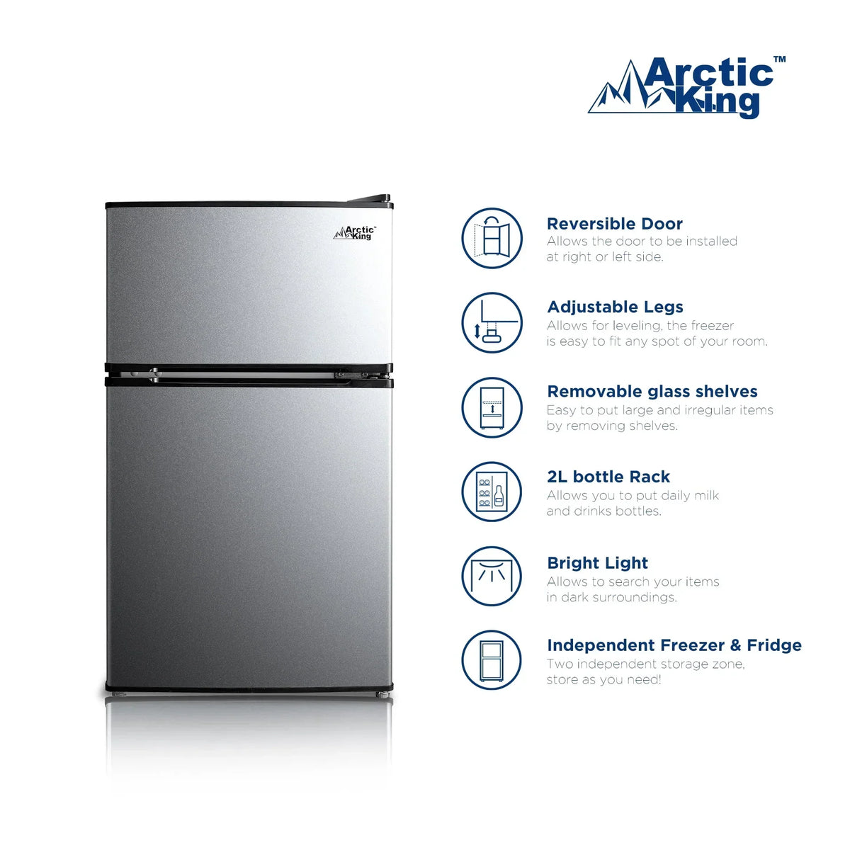 2026 NewArctic King 3.2 Cu ft Two Door Mini Fridge with Freezer, Stainless Steel, E-Star, ARM32D5ASL