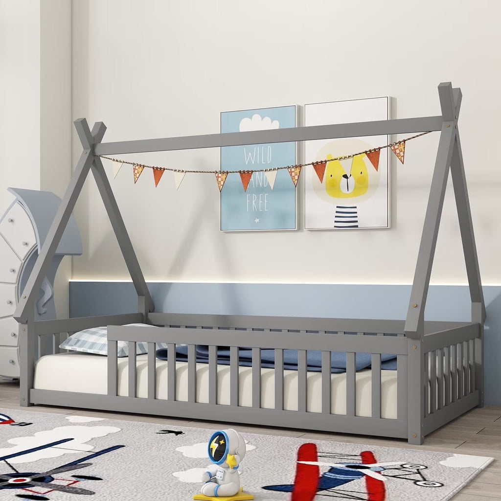 2026 New Full Size House Floor Bed, Wood Montessori Bed Frame with Fence Guardrails, House Beds Frame No Box Spring Needed-Full, Gray)