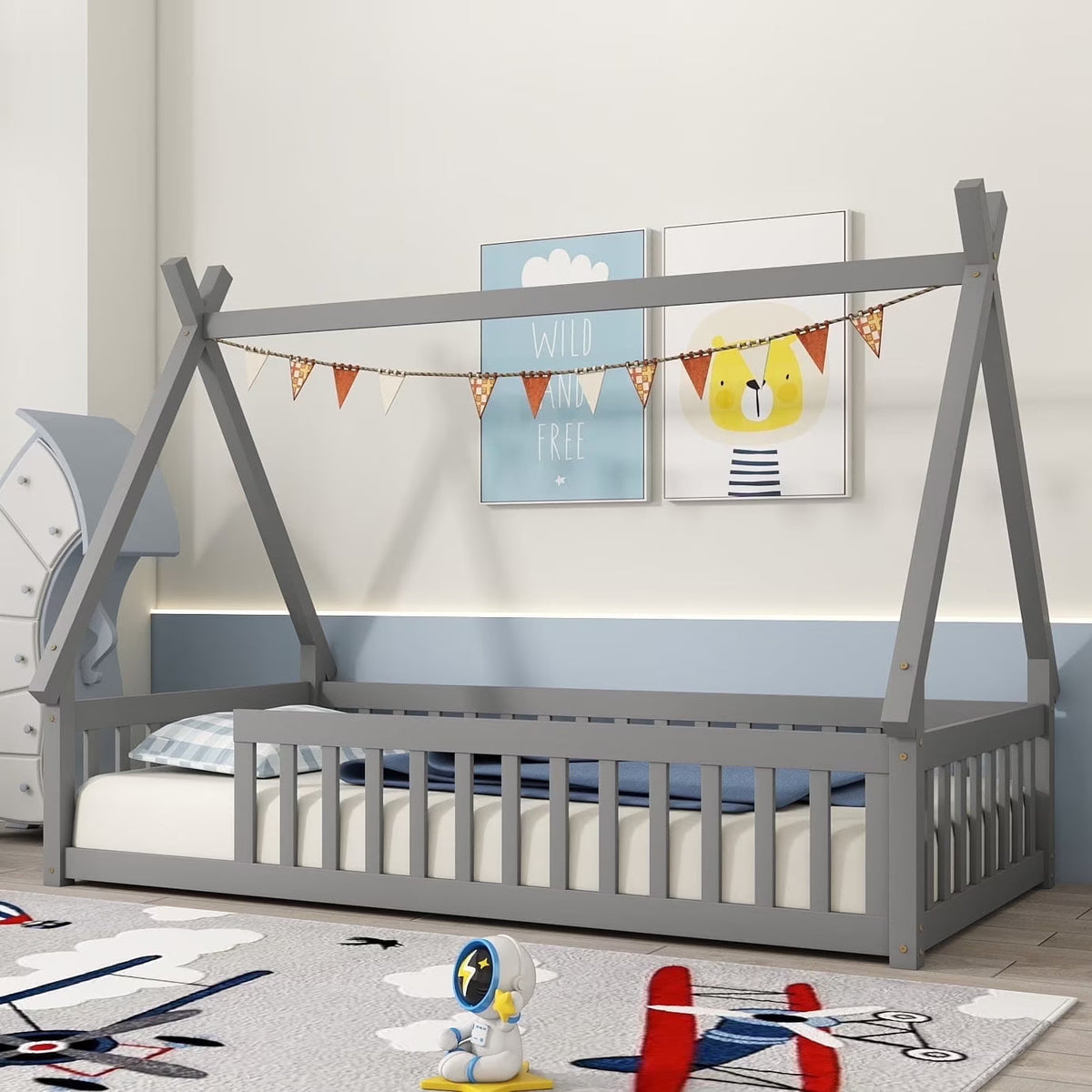 2026 New Full Size House Floor Bed, Wood Montessori Bed Frame with Fence Guardrails, House Beds Frame No Box Spring Needed-Full, Gray)