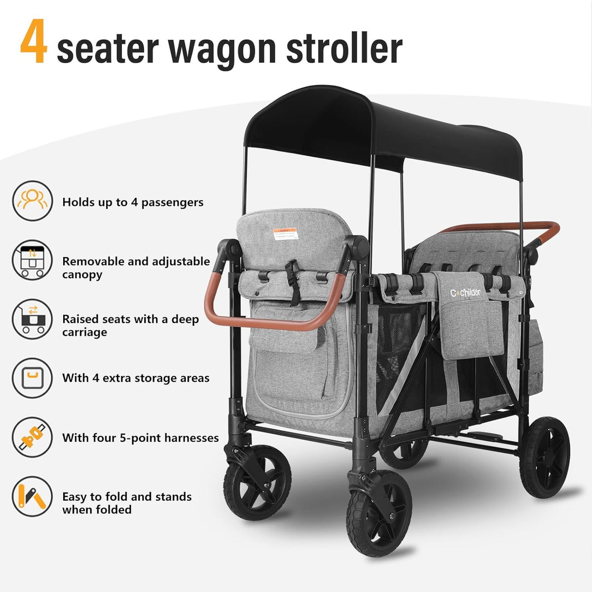 All-Terrain 4 Seater Wagon Stroller for Kids - Heavy-Duty 300lb Capacity, One-Hand Fold Design, High Seats with 5-Point Harness, Adjustable Canopy and Handlebars, Light Grey