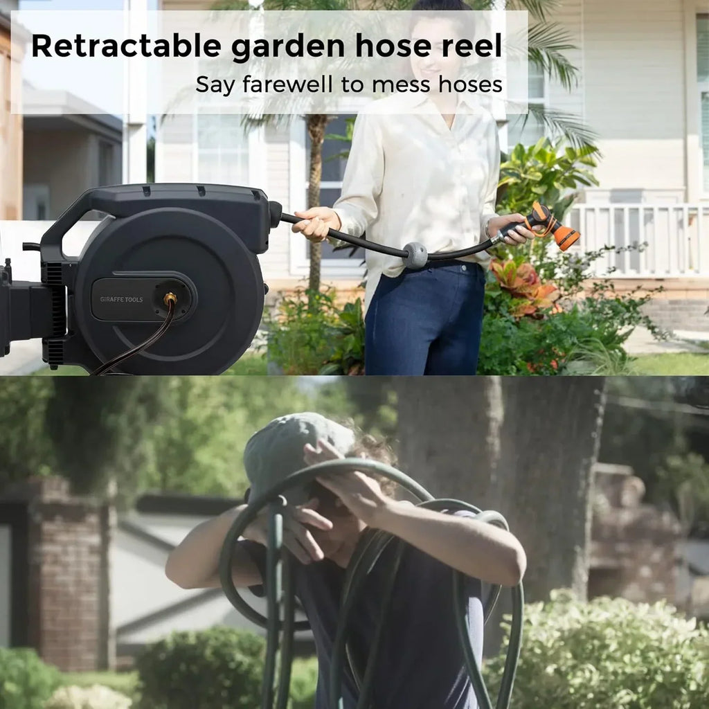 2026 NewGiraffe Tools Retractable Garden Hose Reel with 1/2in-100ft Water Hose, Plastic Bracket, Wall Mounted, Dark Grey