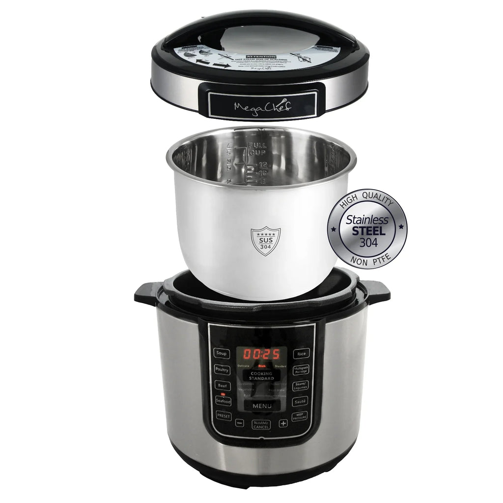 2026 NewMegaChef 6 Quart Electric Pressure Cooker with 14 Pre-Set Multi-Function Features & Stainless Steel Pot