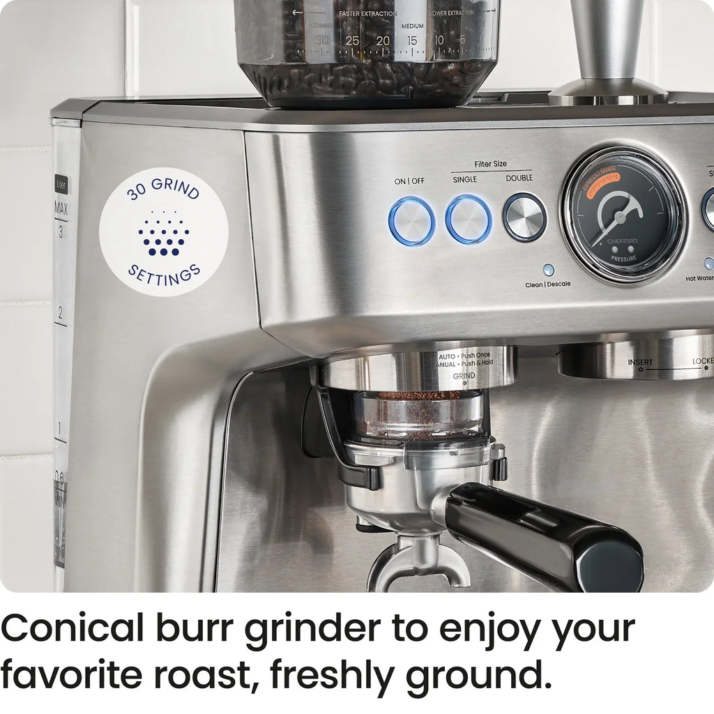 2026 NewChefman Crema Supreme Espresso Machine with Conical Burr Grinder and Steam Wand a. Stainless Steel, New
