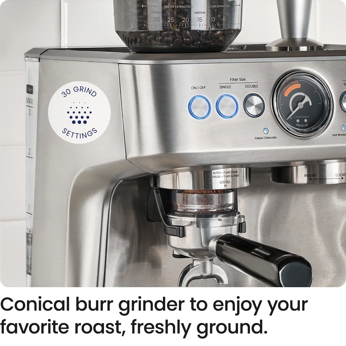 2026 NewChefman Crema Supreme Espresso Machine with Conical Burr Grinder and Steam Wand a. Stainless Steel, New