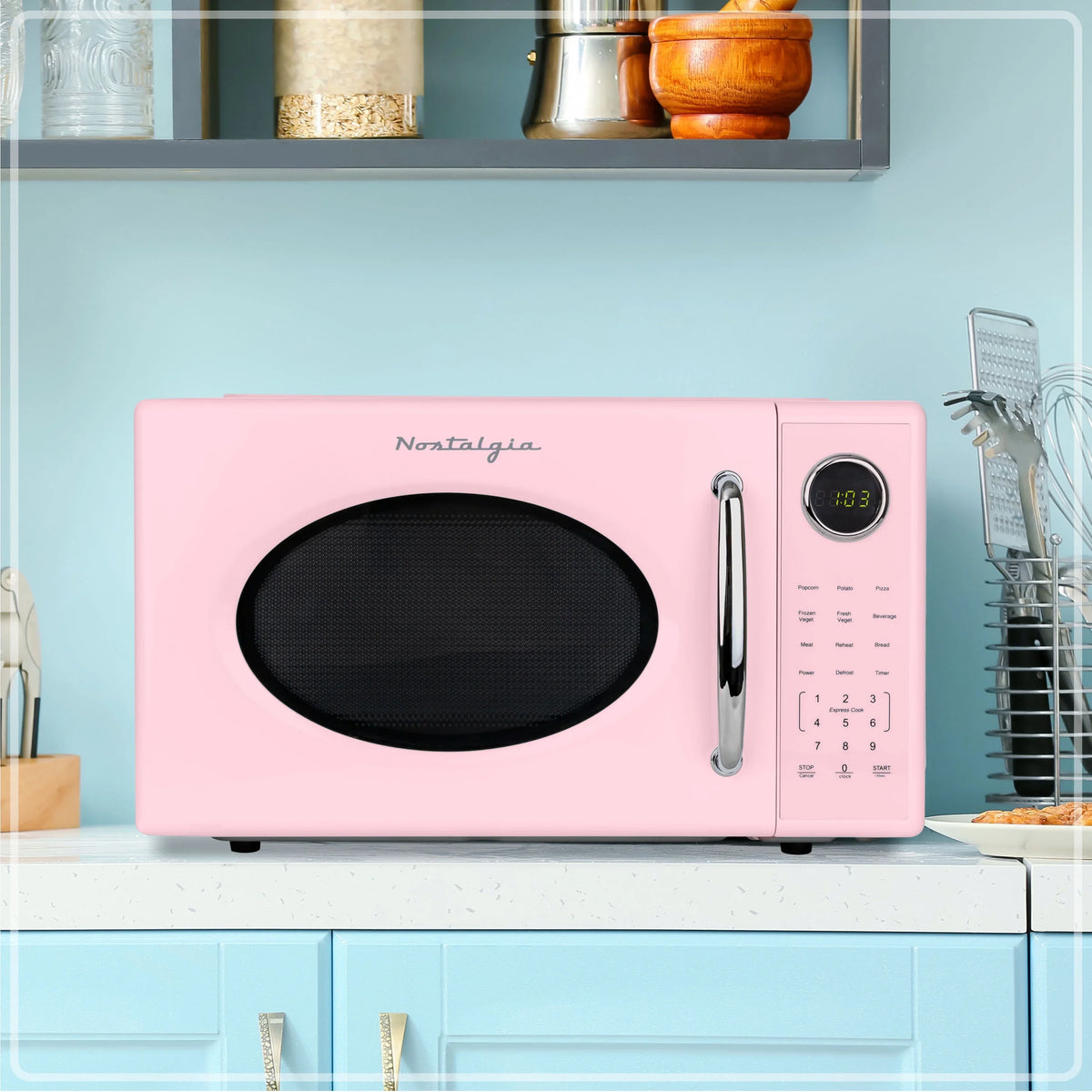 2026 NewNostalgia Retro Microwave Oven - 1.1 Cu Ft & 1000-Watt Countertop Size with Glass Turntable, Child Safety Lock, 8 Auto-Cook Programs & Digital Clock - Black