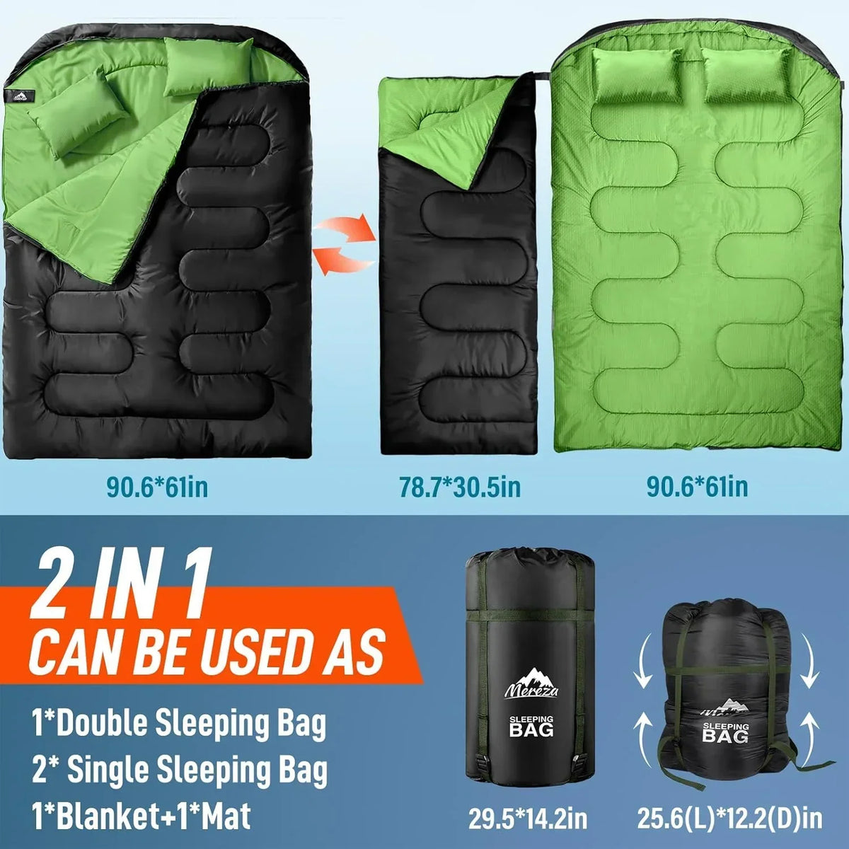 2026 NewDouble Sleeping Bag for Adults Mens with Pillow, XL Queen Size Two Person Sleeping Bag for All Season Camping Hiking Backpacking 2 Person Sleeping Bags for Cold Weather & Warm