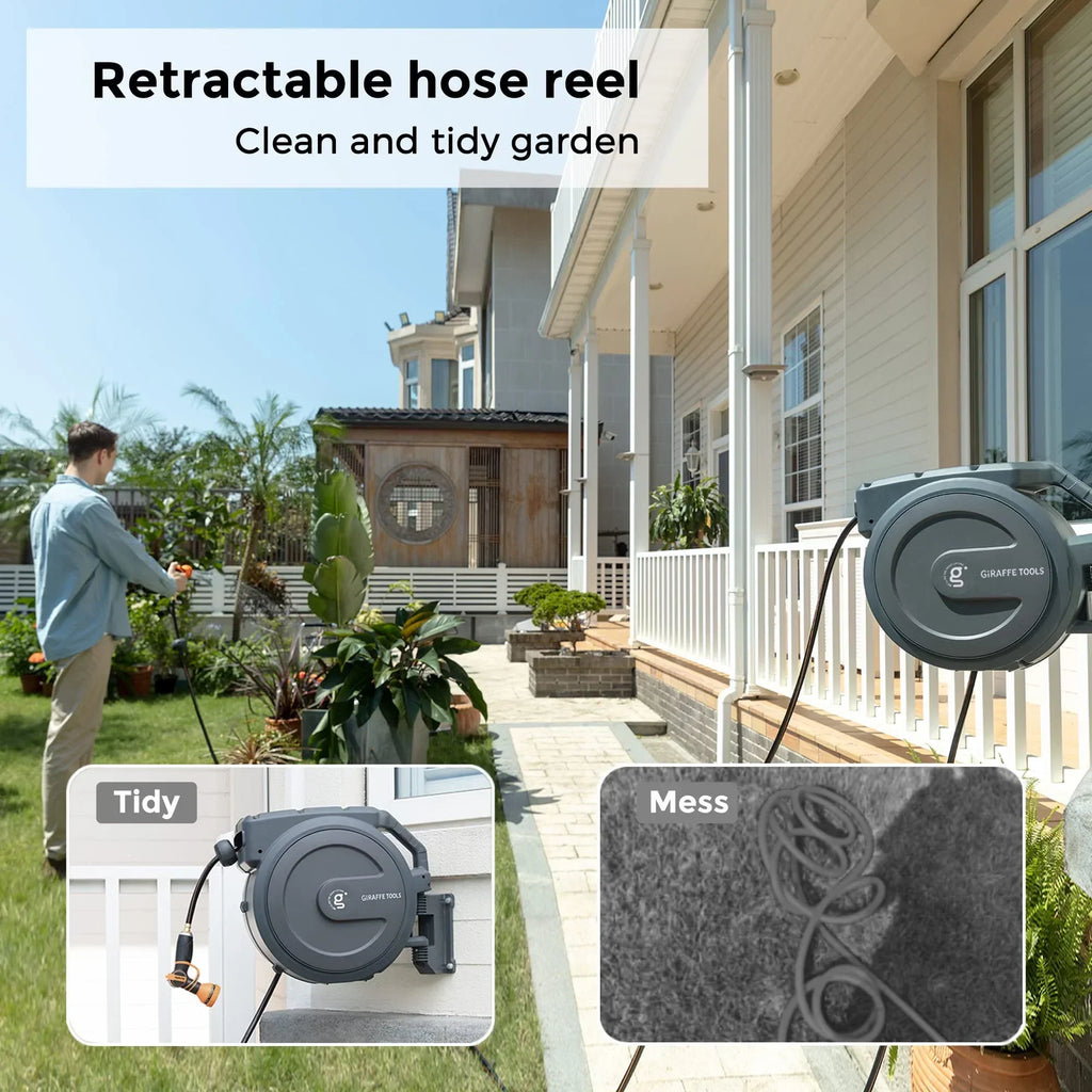2026 NewGiraffe Tools Retractable Garden Hose Reel with 1/2in-100ft Water Hose, Plastic Bracket, Wall Mounted, Dark Grey
