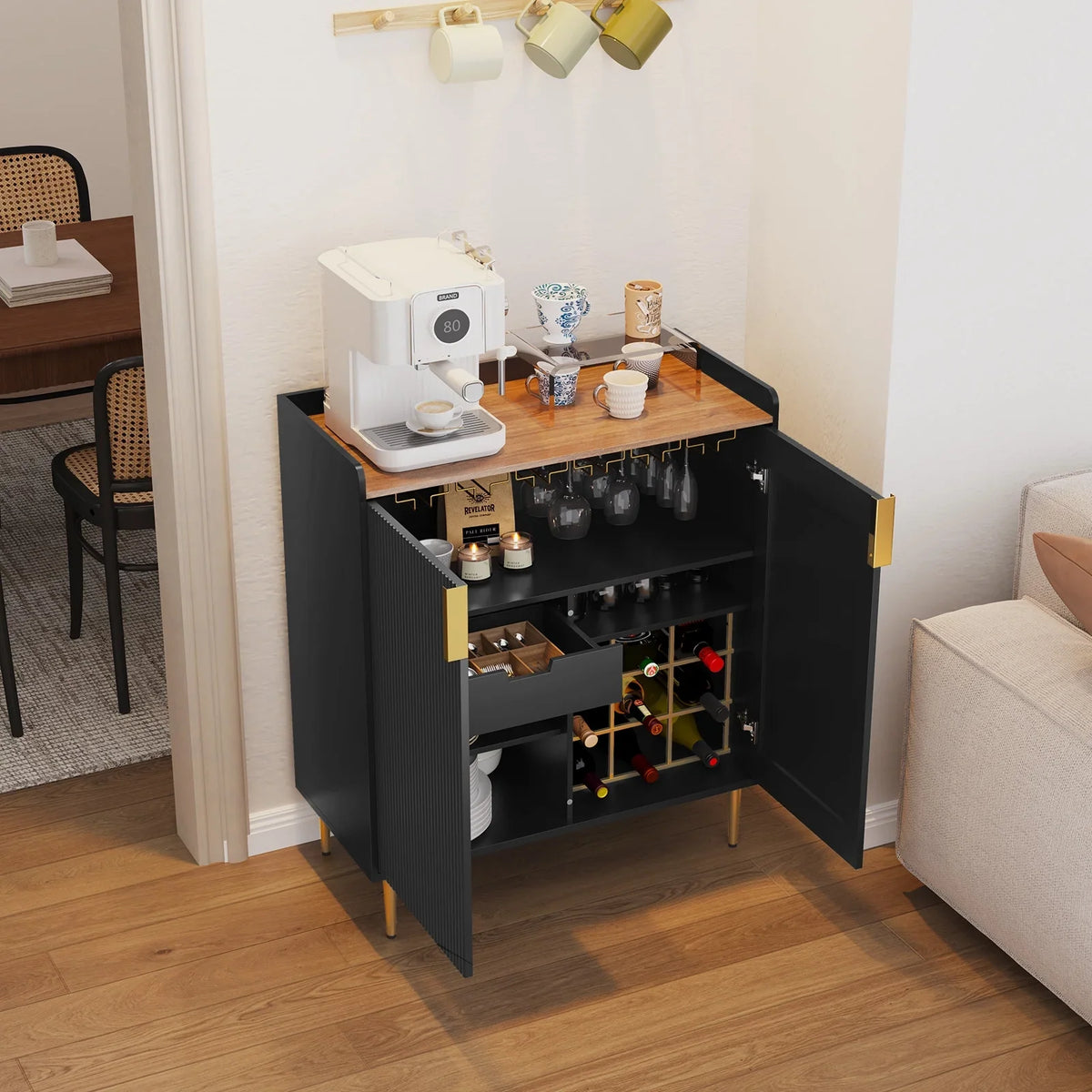 2026 NewCBJCBJ 32" Wine Bar Cabinet with 2 Door Fluted Texture, Modern Coffee Cabinet with Rack&Glass Holder, Black