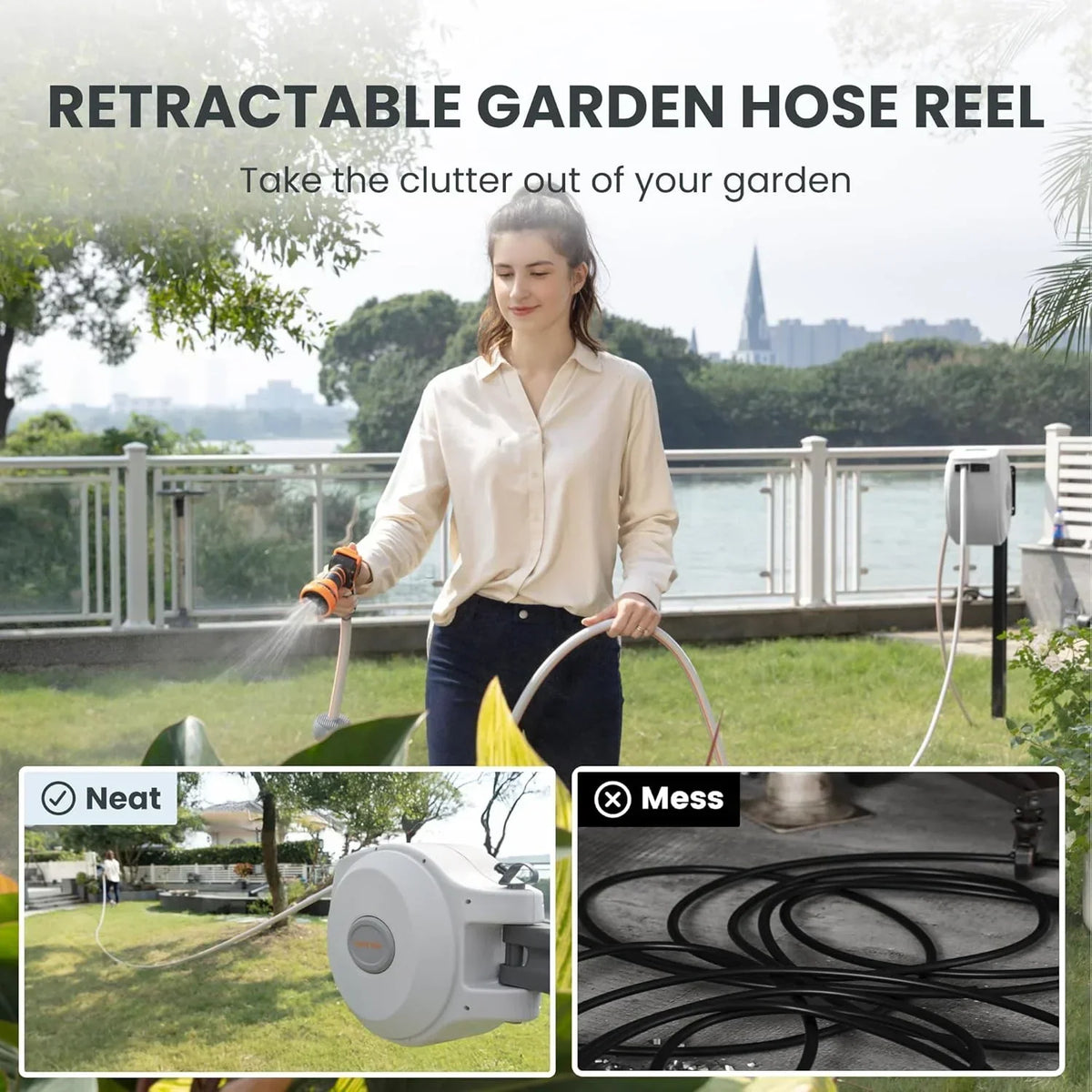 2026 NewGiraffe Tools Retractable Garden Hose Reel with 1/2in-100ft Water Hose, Plastic Bracket, Wall Mounted, Dark Grey