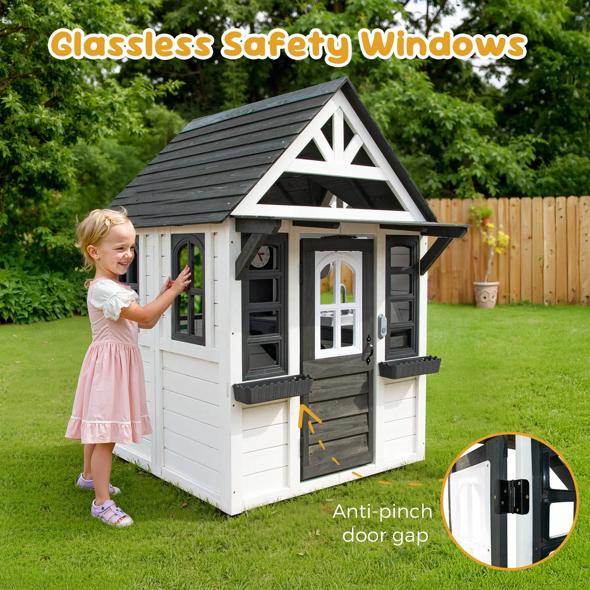 2026 NewCOCLUB Outdoor Playhouse for Kids Ages 4-8, Wooden Play House with Doorbell, Phone, Kitchen Toys, Outdoor Kids Play Equipment, Casa Para Niñas (45”L x 65”H), White & Black