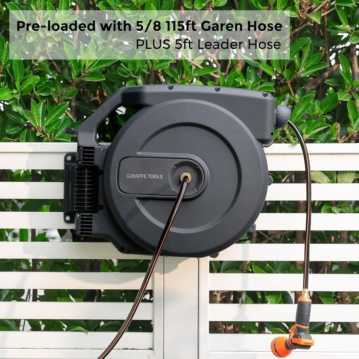 2026 NewGiraffe Tools Retractable Garden Hose Reel with 1/2in-100ft Water Hose, Plastic Bracket, Wall Mounted, Dark Grey