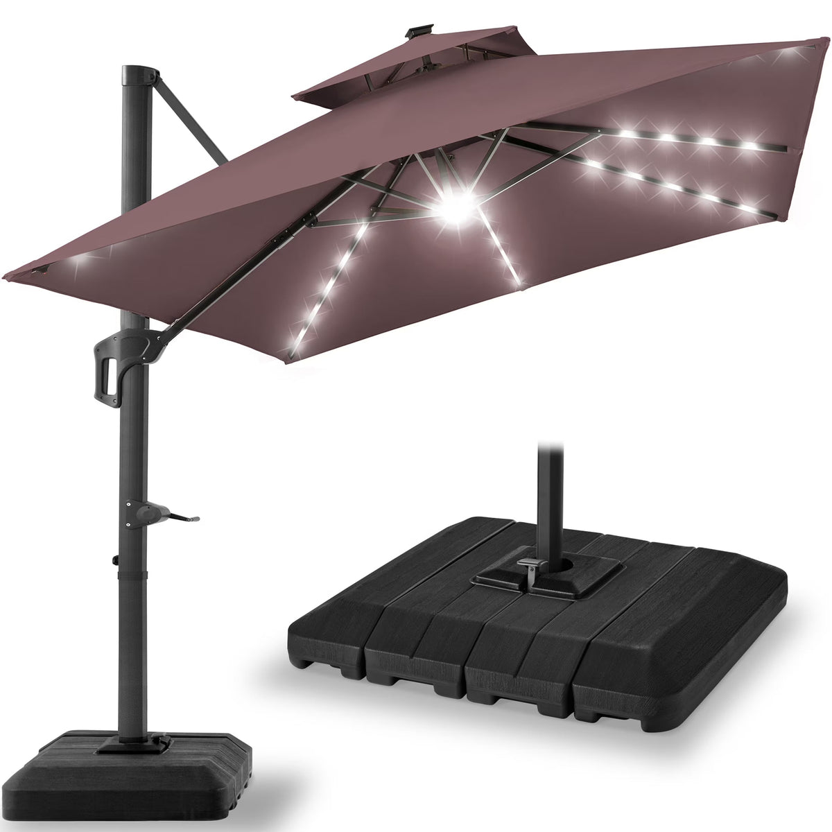2026 NewBest Choice Products 10x10ft 2-Tier Square Outdoor Solar LED Cantilever Patio Umbrella w/ Base Included - Tan