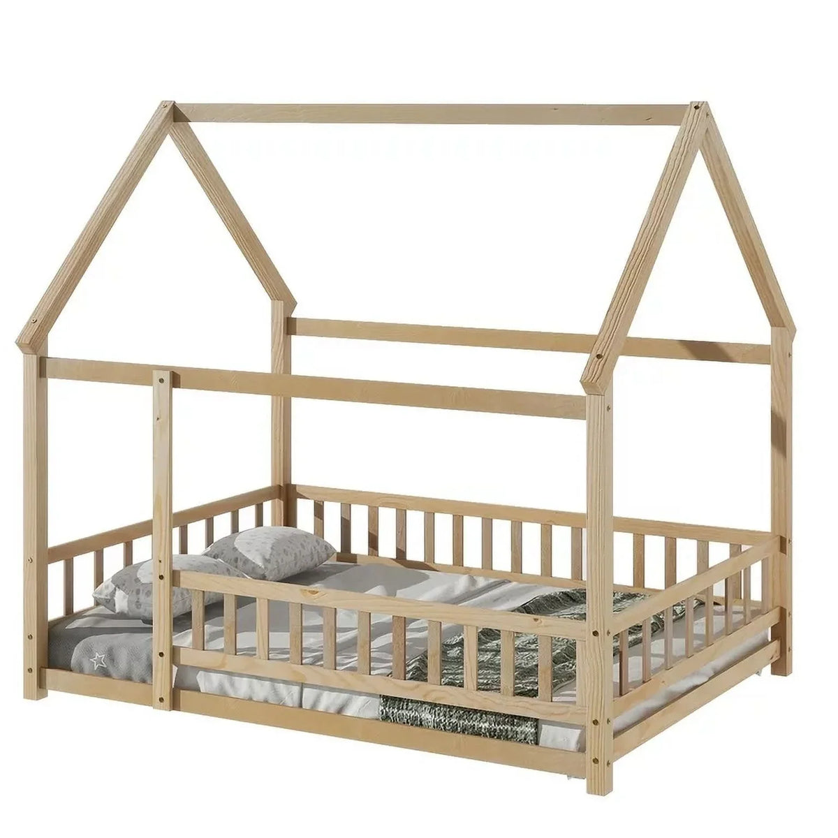 2026 New Full Size House Floor Bed, Wood Montessori Bed Frame with Fence Guardrails, House Beds Frame No Box Spring Needed-Full, Gray)