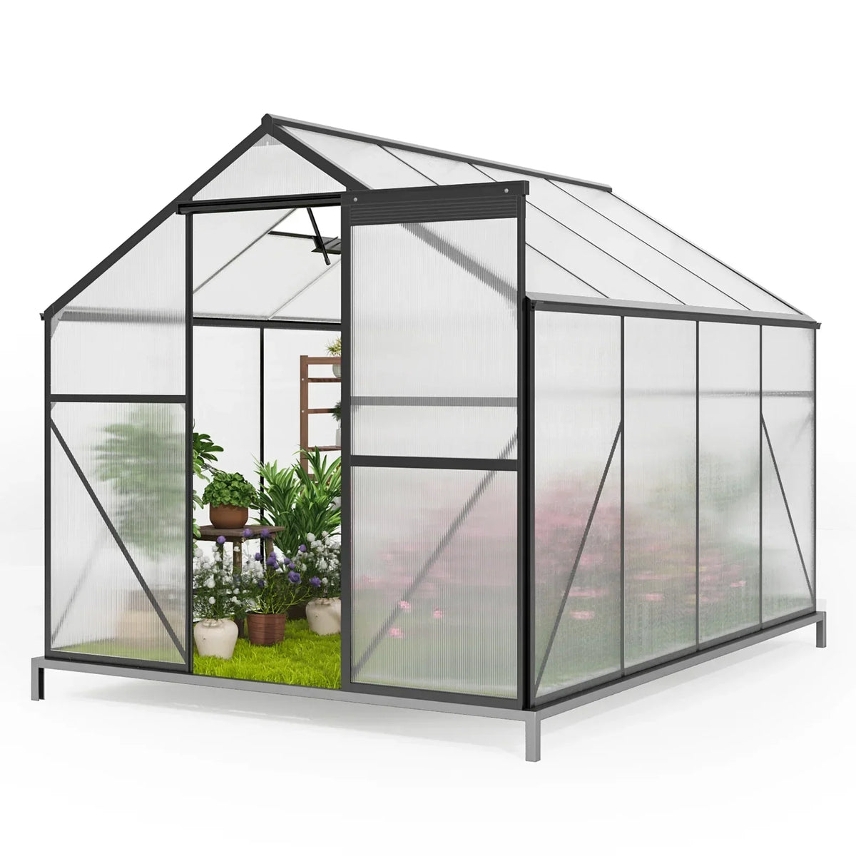 2026 NewAsofer 8x6 FT Greenhouse with Lockable Hinged Door Vent Window, Polycarbonate Walk-in Winter Greenhouse Sunroom, Black