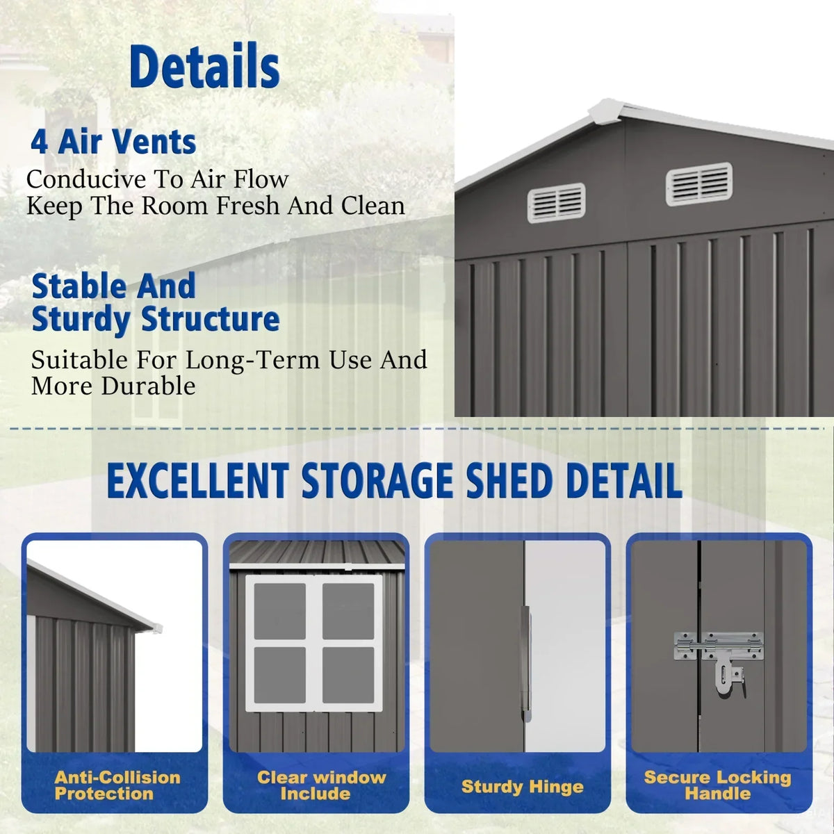 2026 New10 x 8 FT Outdoor Storage Shed, Large Metal Storage Shed, Lockable Door and Air Vent, Clear Window Garden Tool Shed for Bicycles, Tools, Lawnmowers, Backyards, Patios, Lawns - Gray