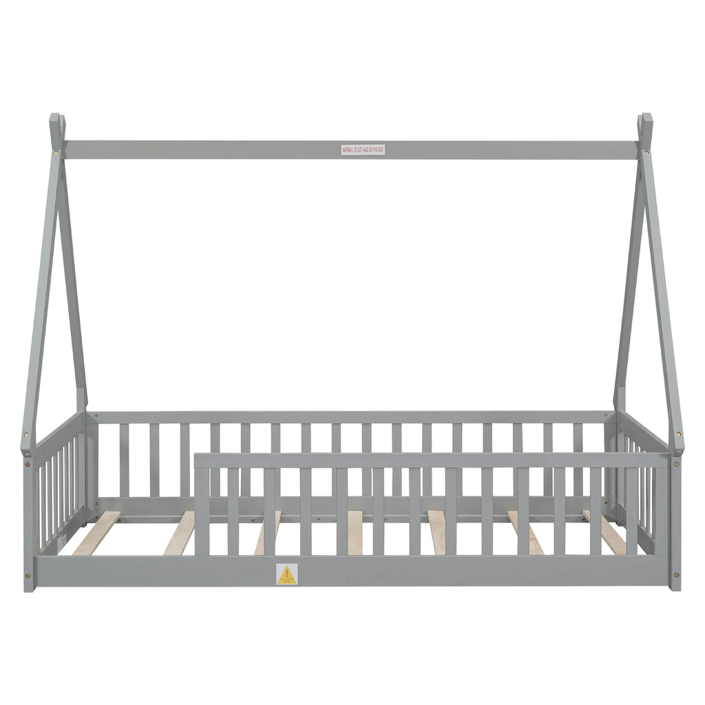 2026 New Full Size House Floor Bed, Wood Montessori Bed Frame with Fence Guardrails, House Beds Frame No Box Spring Needed-Full, Gray)