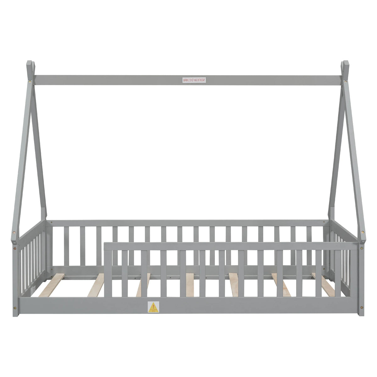 2026 New Full Size House Floor Bed, Wood Montessori Bed Frame with Fence Guardrails, House Beds Frame No Box Spring Needed-Full, Gray)