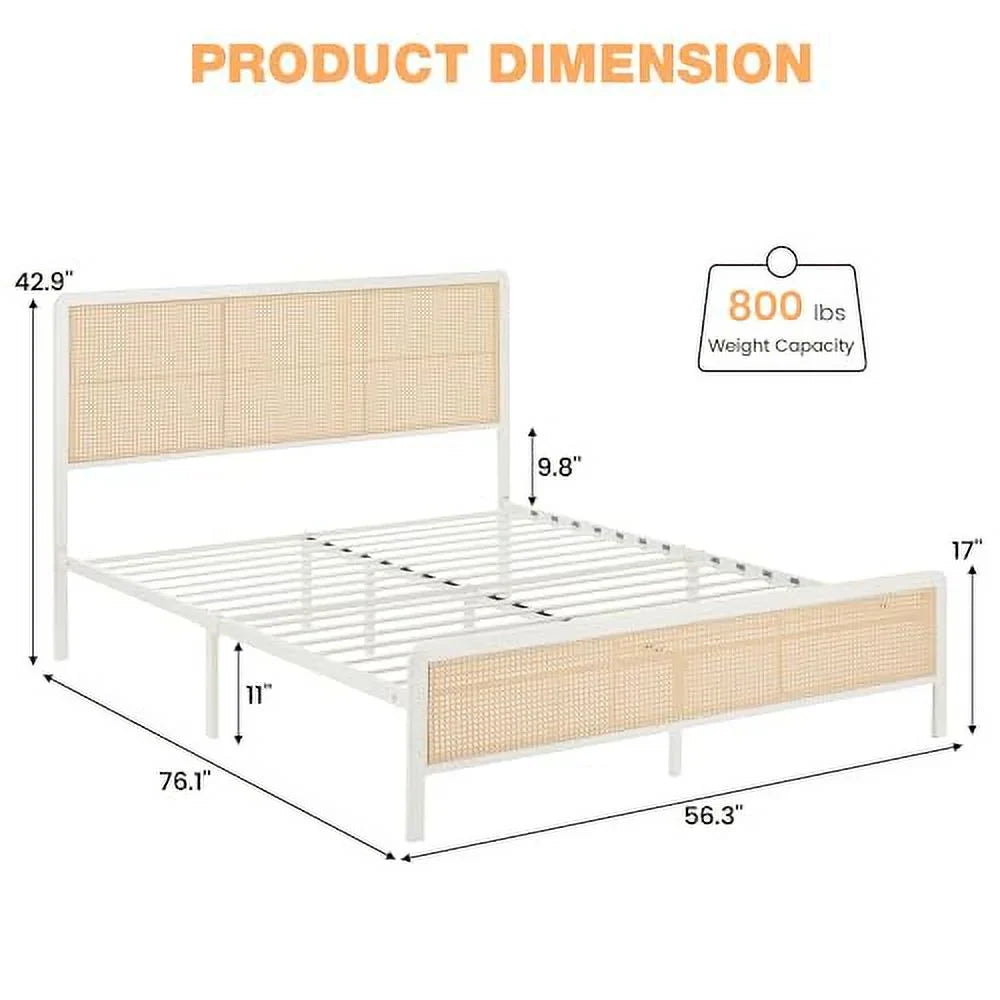 2026 New Platform Bed Frame with Natural Rattan Headboard Modern Cane Bed Frames with Heavy Duty Sturdy Steel Slat Support No Box Spring Needed Easy Assembly