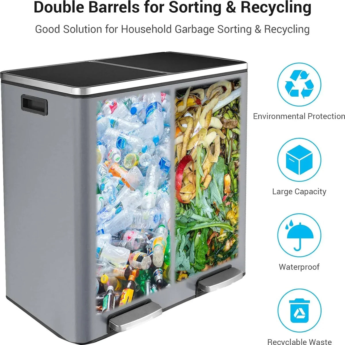 2026 NewArlopu 60 L/16 gal Dual Trash Can, Stainless Steel Garbage Can for Kitchen, Recycle Bin with Lid
