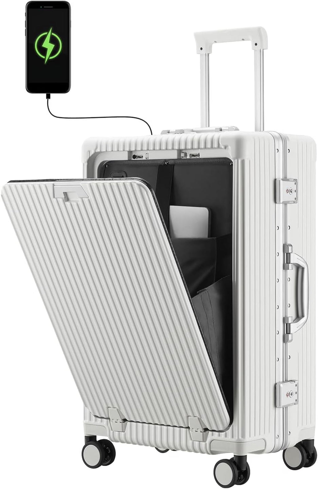 2026 NewCarry-On Luggage with USB Charging Port, Front Compartment, TSA Lock, Airline Approved Carry On Hardside Suitcase with Spinner Wheels (Grey, 20inch)