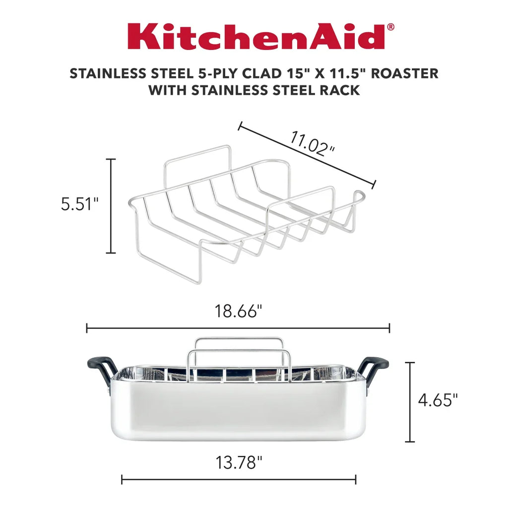 2026 New KitchenAid 5-Ply Clad 15x11.5 Inch Stainless Steel Roaster with Removable Rack, Induction Compatible, Metal Utensil, Broiler and Oven Safe to 500-F