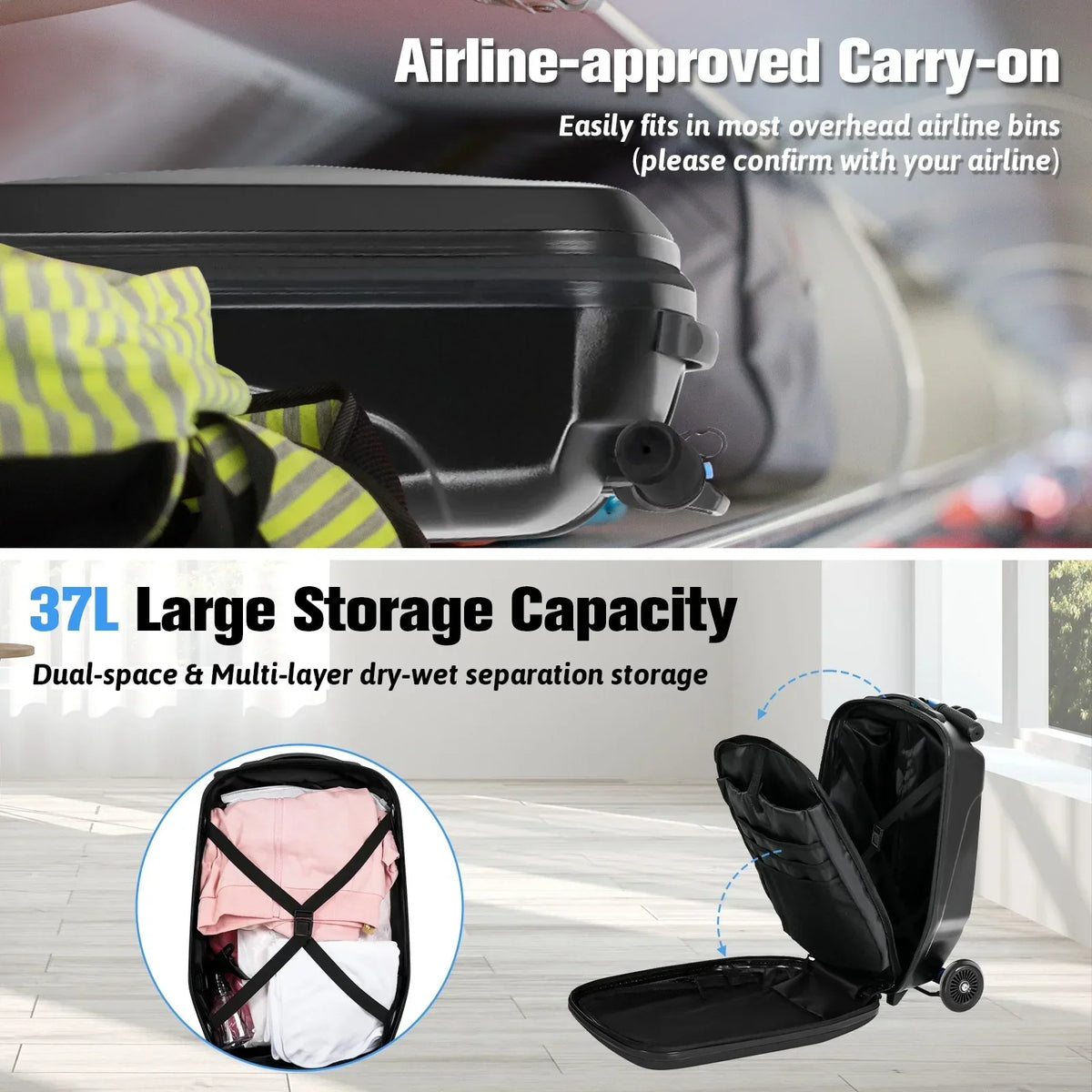 2026 NewAdvwin Scooter Luggage for Kids & Adults, Hardside Ride on Suitcase for Kids Ages 4-15 Multifunctional Lightweight Foldable Carry on Luggage with Wheels Ride on for Children Teenagers, Pink
