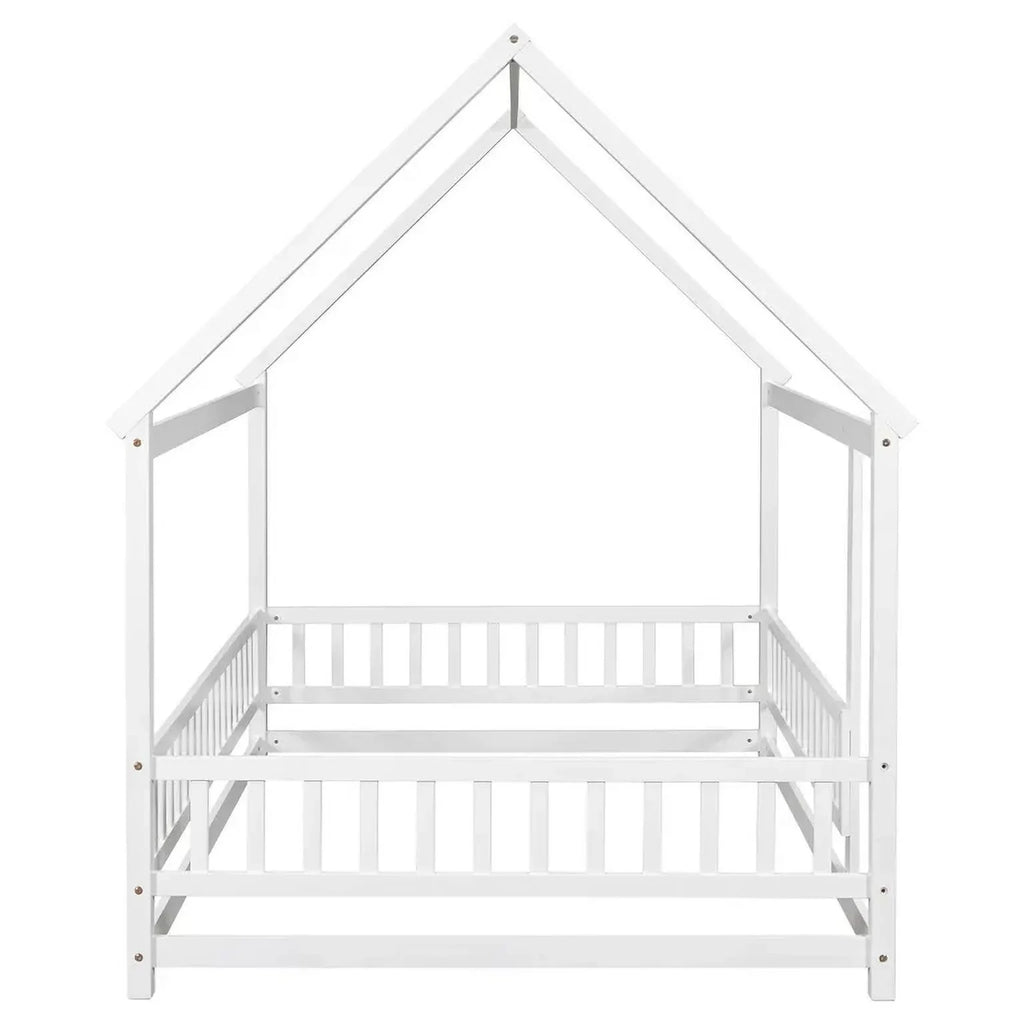 2026 New Full Size House Floor Bed, Wood Montessori Bed Frame with Fence Guardrails, House Beds Frame No Box Spring Needed-Full, Gray)