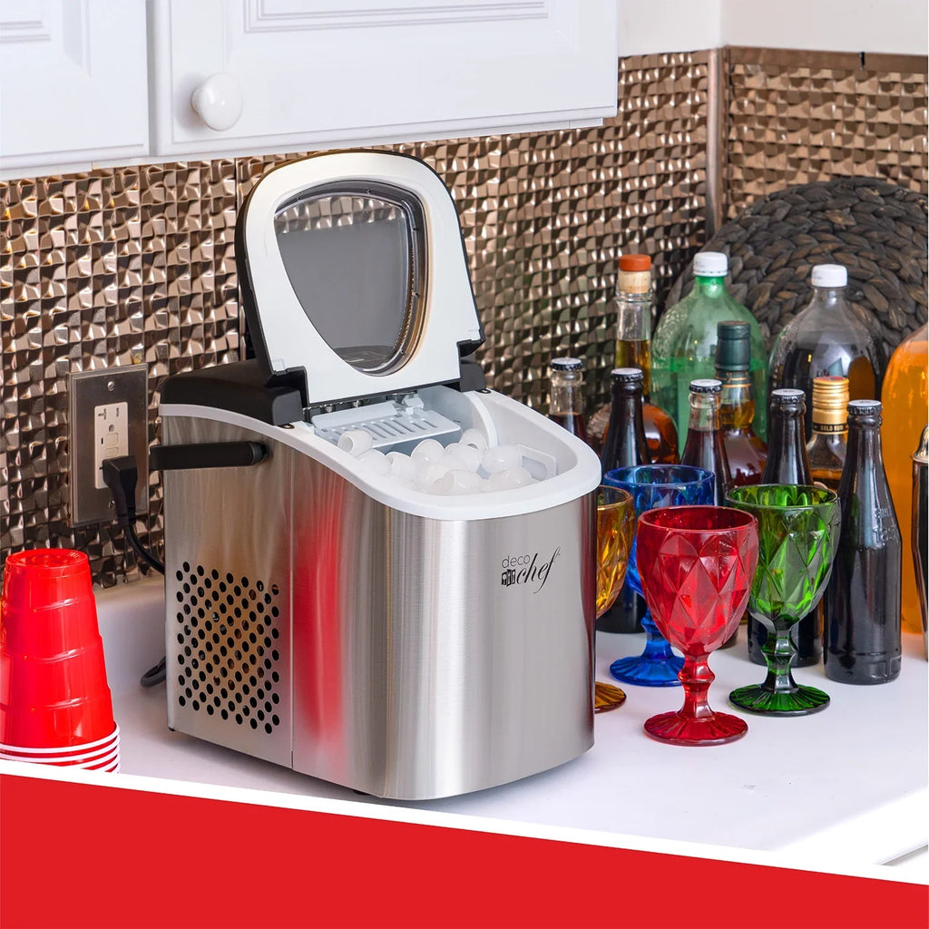 2026 NewDeco Compact Countertop Ice Maker, 26LBs in 24HRs, 9 Bullet Ice Cubes Ready in 6 Minutes, Stainless Steel