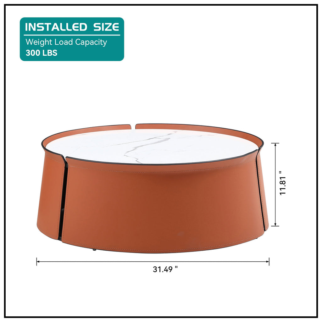 2026 New 31.5inch Coffee Table, Marble Top+Orange Saddle Leather Body+Iron Frame