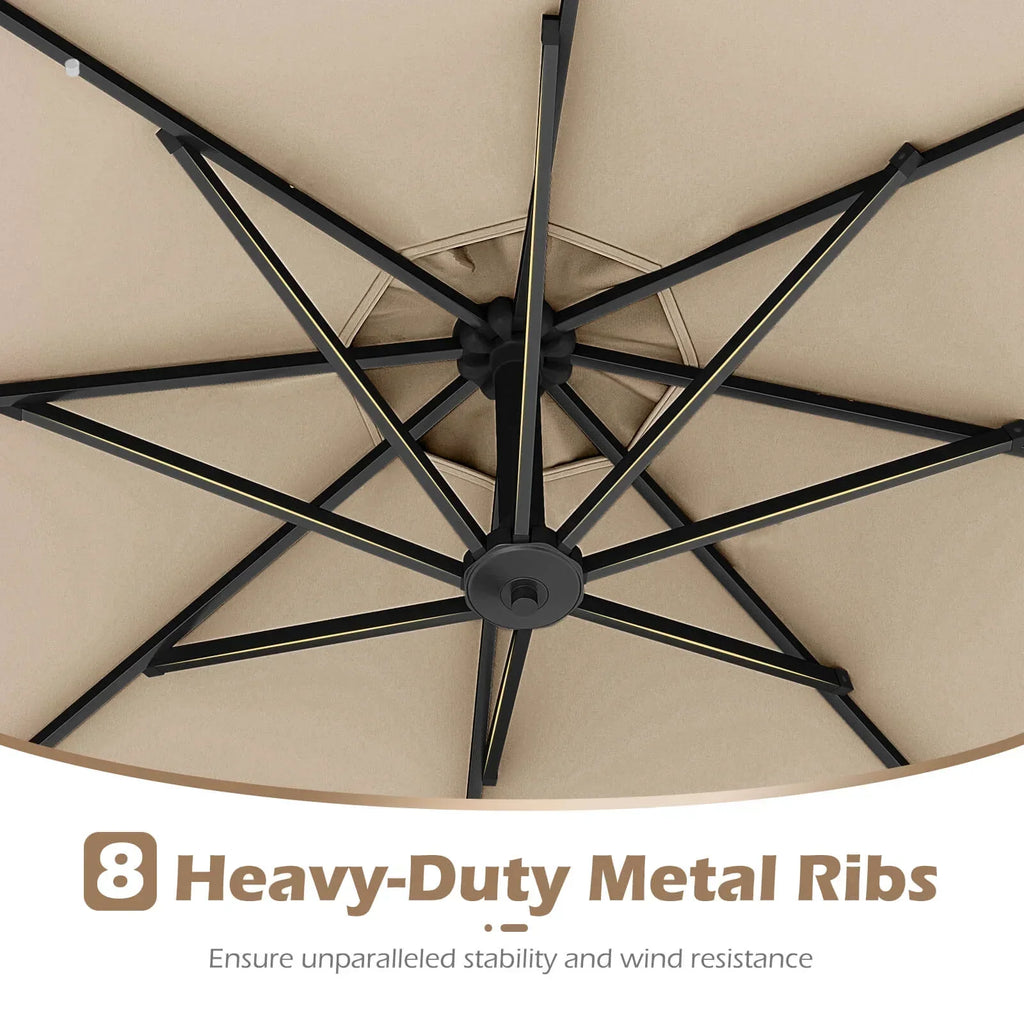 2026 NewCostway 10 FT Solar Offset Hanging Umbrella Patio Cantilever Umbrella with 32 LED Lights Brown