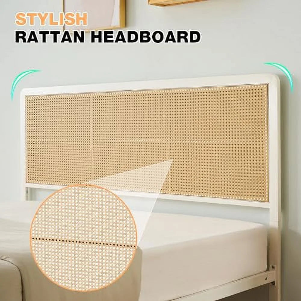 2026 New Platform Bed Frame with Natural Rattan Headboard Modern Cane Bed Frames with Heavy Duty Sturdy Steel Slat Support No Box Spring Needed Easy Assembly
