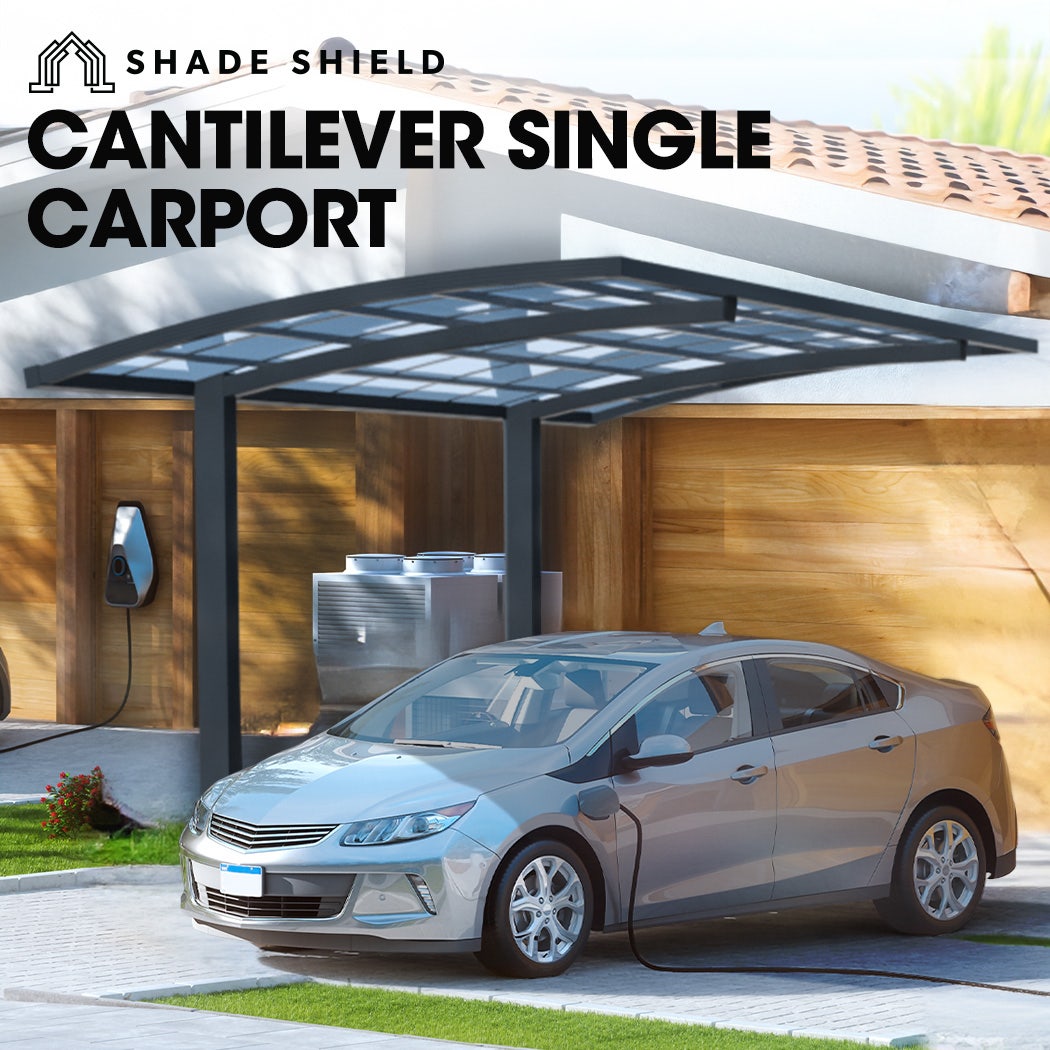 SHADE SHIELD Single Cantilever Carport 3.0m x 5.5m x 2.98m, Aluminium Alloy Frame, Polycarbonate Roof, Shelter for Car or Outdoor Living