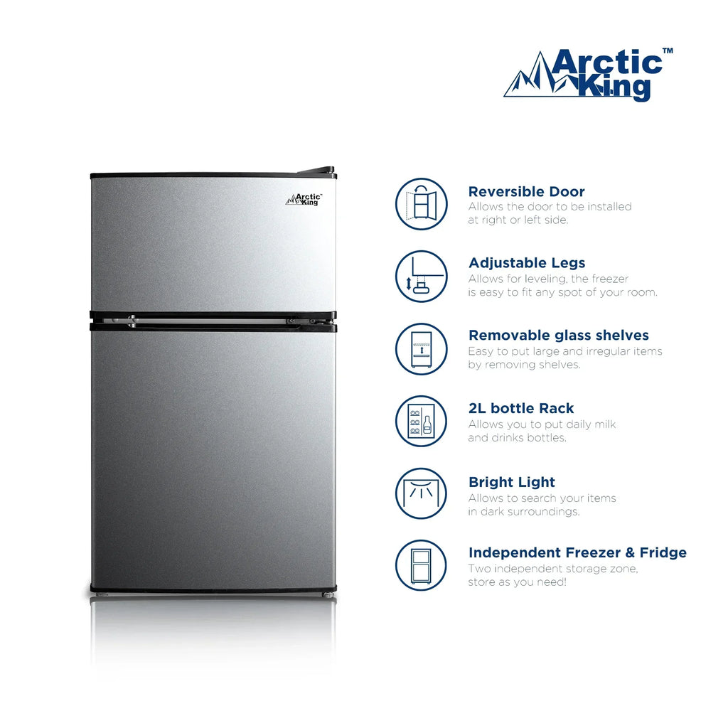 2026 NewArctic King 3.2 Cu ft Two Door Mini Fridge with Freezer, Stainless Steel, E-Star
