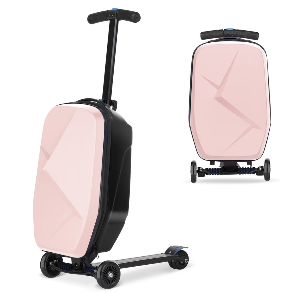 2026 NewAdvwin Scooter Luggage for Kids & Adults, Hardside Ride on Suitcase for Kids Ages 4-15 Multifunctional Lightweight Foldable Carry on Luggage with Wheels Ride on for Children Teenagers, Pink