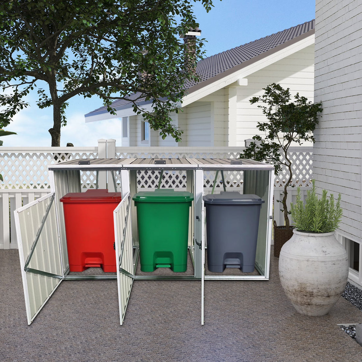 2026 NewAukfa 7.3' W Outdoor Garbage Bin Storage, Metal Storage Shed for 3 Trash Cans Tools, Waterproof Trash Can Storage