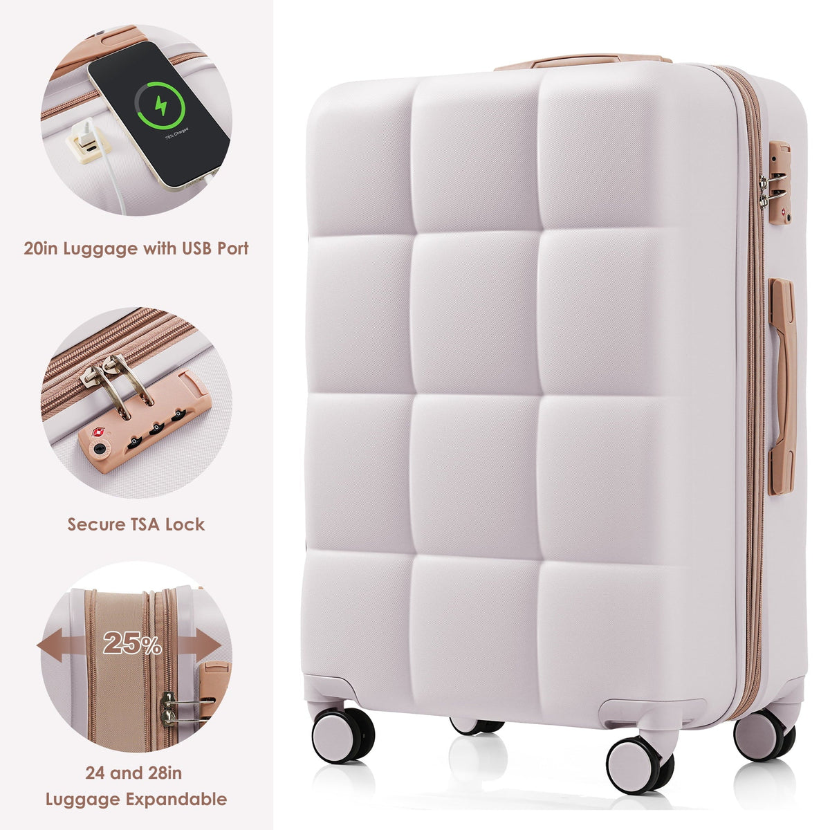 2026 New Luggage Set of 3, 20-inch with USB Port, Airline Certified Carry-on Luggage with Cup Holder, ABS Hard Shell Luggage with Spinner Wheels, white