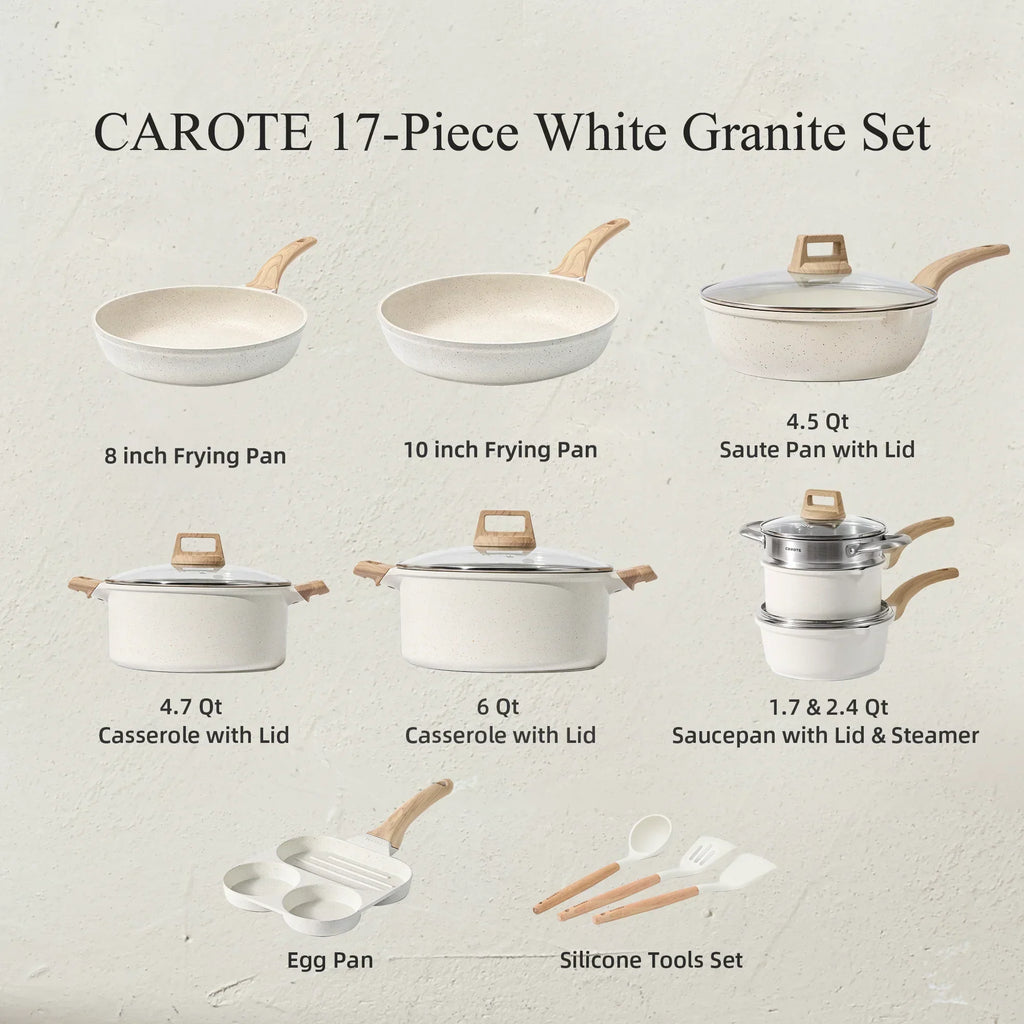 2026 NewCarote Nonstick Cookware Sets, 24 Pcs Granite Non Stick Pots and Pans Set, Induction Cookware, White