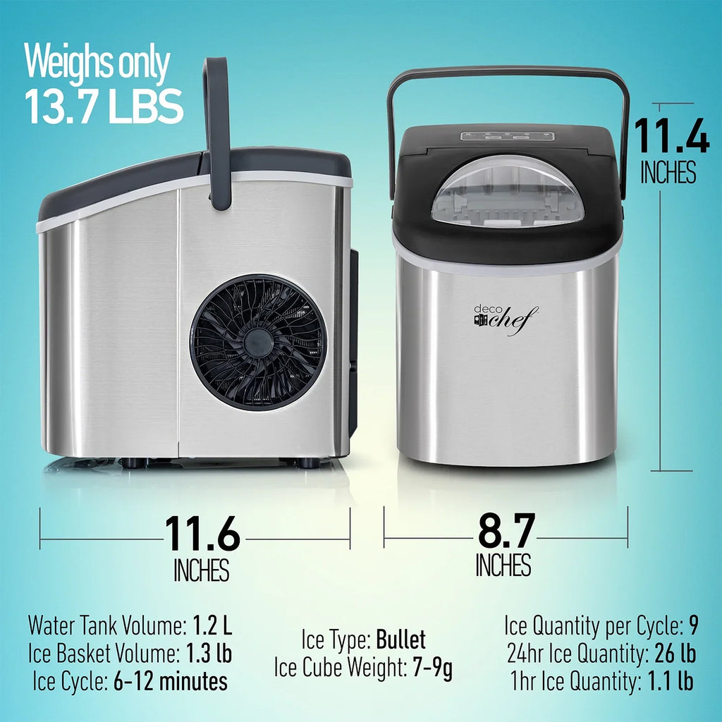 2026 NewDeco Compact Countertop Ice Maker, 26LBs in 24HRs, 9 Bullet Ice Cubes Ready in 6 Minutes, Stainless Steel