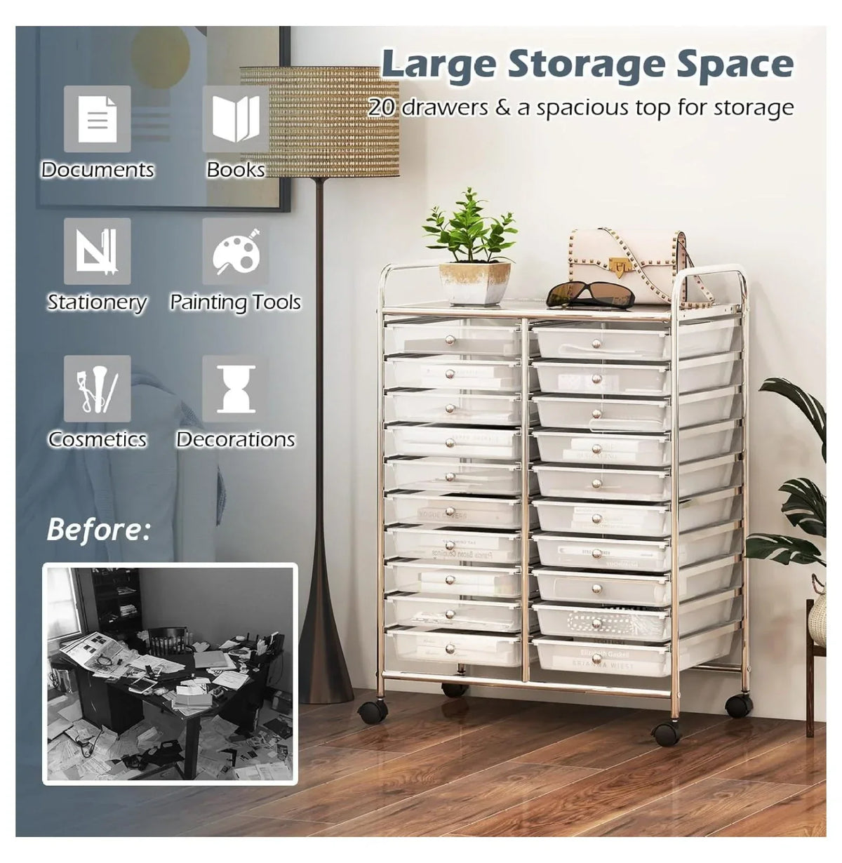 2026 New20 Drawers Storage Cart w/Rolling Wheels, Semi-Transparent Mobile Rolling Drawer Cart for School Classroom Office Home Salon, Files Scrapbook Craft Organizer, Utility Cart on Wheels (Clear)