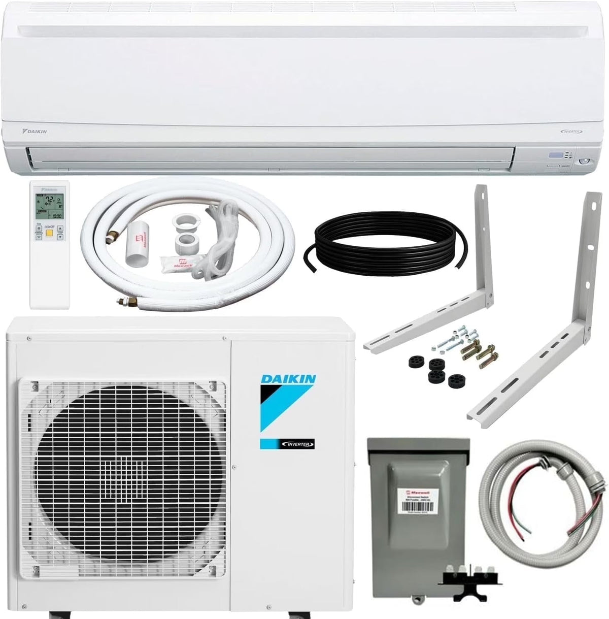 2026 NewDaikin 15,000 Btu 20 SEER2 LV Series Ductless Mini-Split Wall Mount Heat Pump Air Conditioner with 15' Installation Kit, Wall Bracket, 1/2 Electric Whip, 30A Fuse -230V