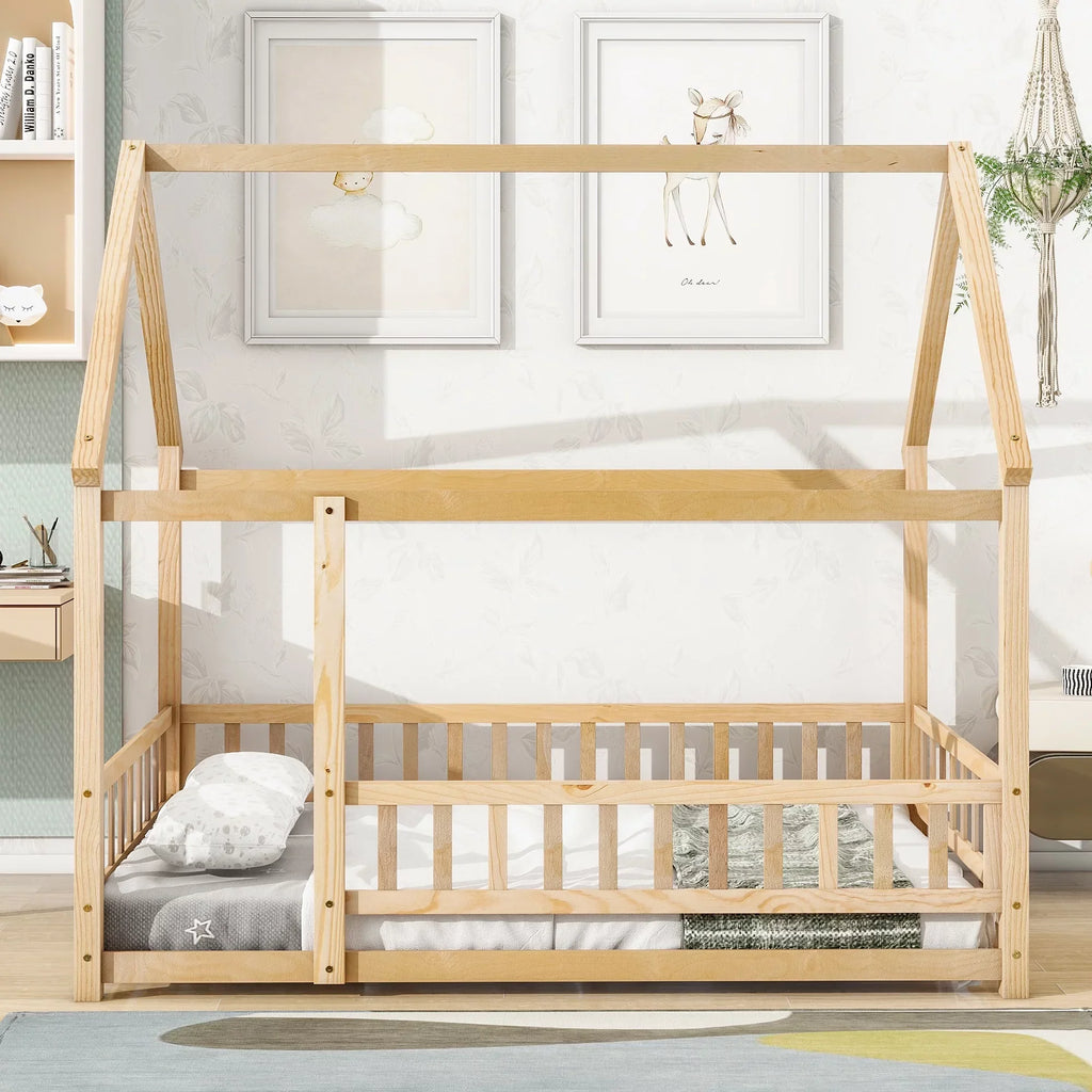 2026 New Full Size House Floor Bed, Wood Montessori Bed Frame with Fence Guardrails, House Beds Frame No Box Spring Needed-Full, Gray)
