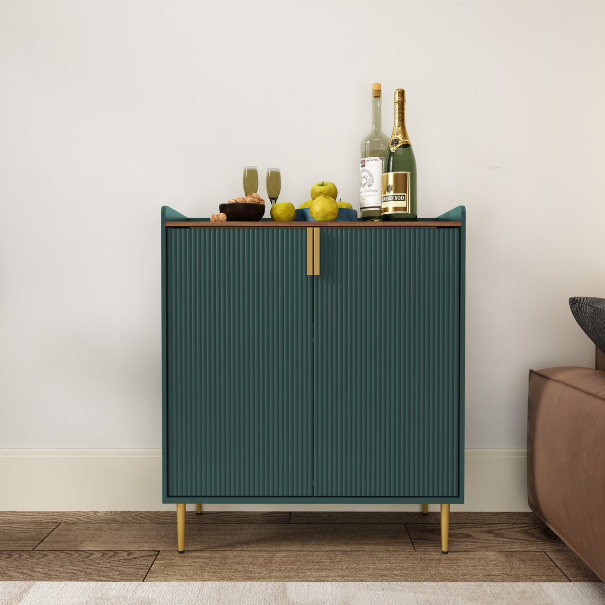 2026 NewCBJCBJ 32" Wine Bar Cabinet with 2 Door Fluted Texture, Modern Coffee Cabinet with Rack&Glass Holder, Black