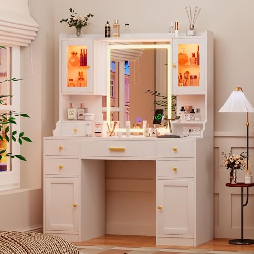 CSZZD White Makeup Vanity Desk with LED Mirror & RGB Cabinets
